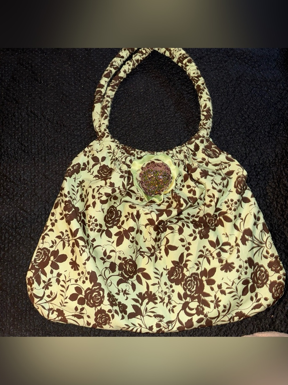 Y2K / early 2000s style Green and Brown Patterned Shoulder Purse, Large purse